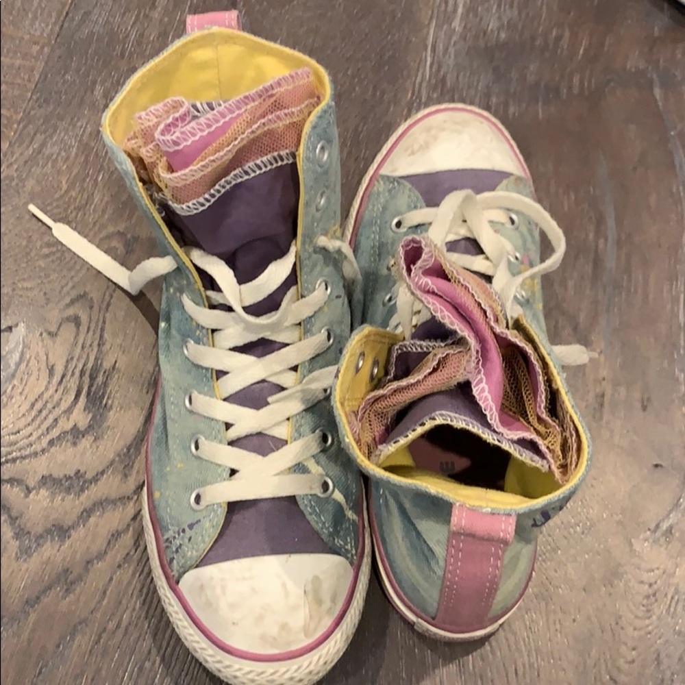 Denim converse with green and purple lace